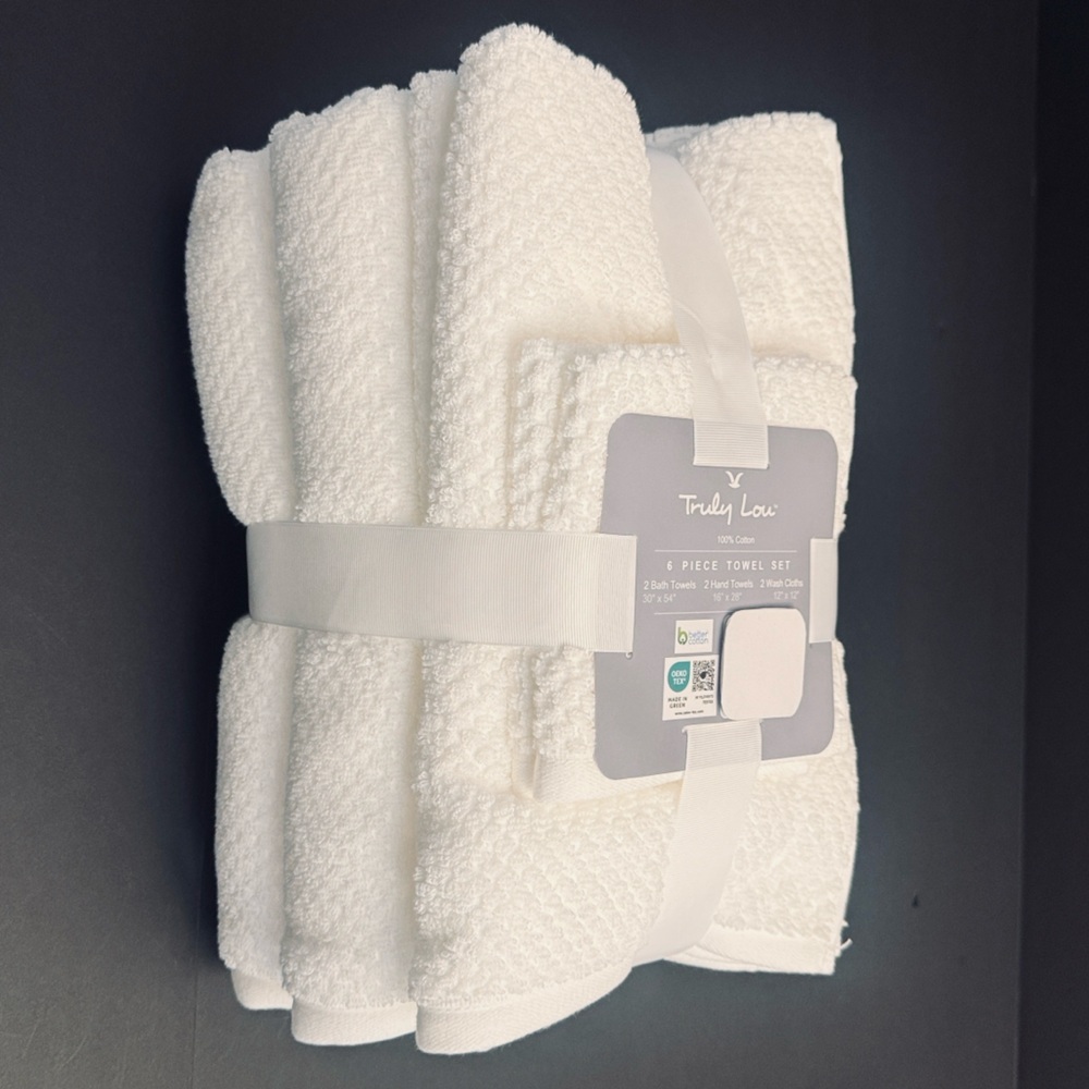 6pc TRULY LOU 100% Cotton Bath Towel Set - White